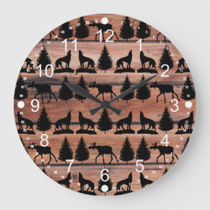 Wild Moose Wolf Wilderness Mountain Cabin Rustic Große Wanduhr