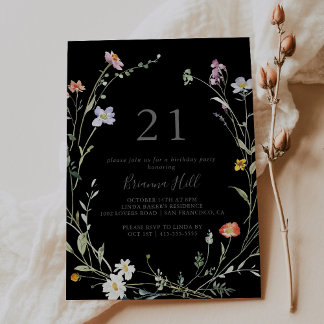 Wild Multicolor Floral Black 21. Geburtstagsparty Einladung