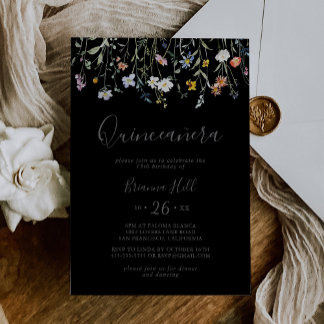 Wild Multicolor Floral Black Quinceñera Einladung