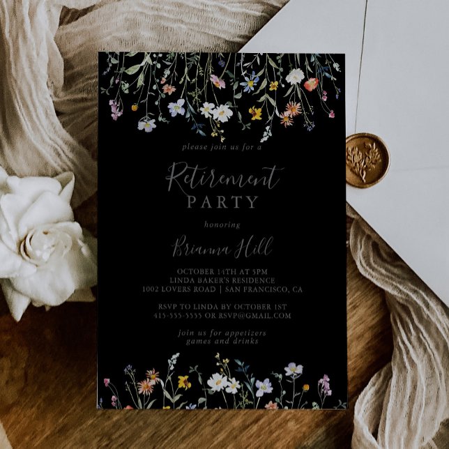 Wild Multicolor Floral Black Retirement Party Einladung (Von Creator hochgeladen)