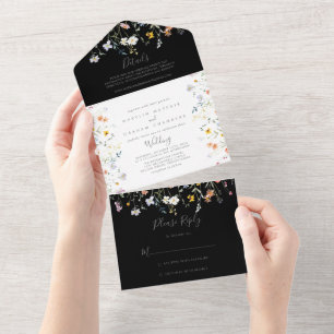 Wild Multicolor Floral Black Wedding All In One Einladung