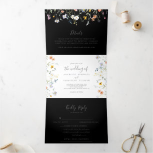Wild Multicolor Floral Black Wedding Dreifach Gefaltete Einladung