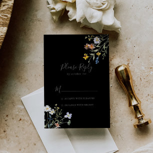 Wild Multicolor Floral Black Wedding RSVP Karte