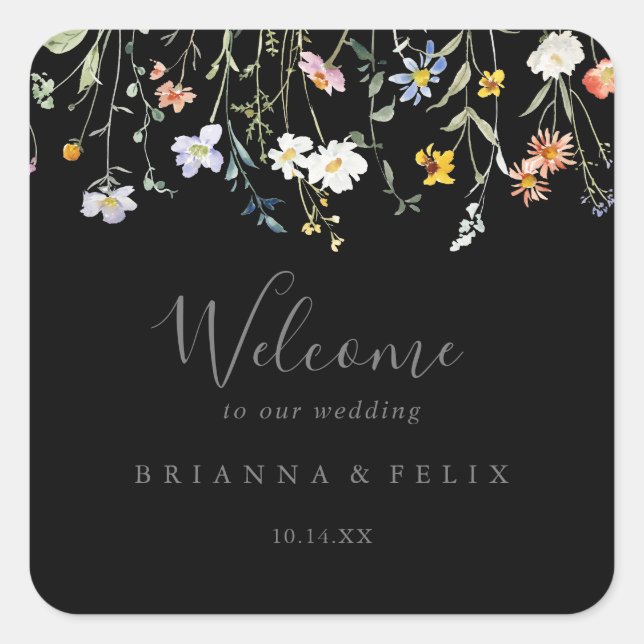 Wild Multicolor Floral Black Wedding Willkommen Quadratischer Aufkleber (Vorderseite)