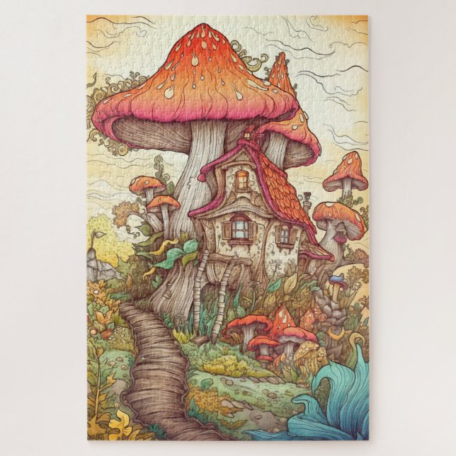 Wild Mushroom Village Illustration Art Puzzle (Vertikal)
