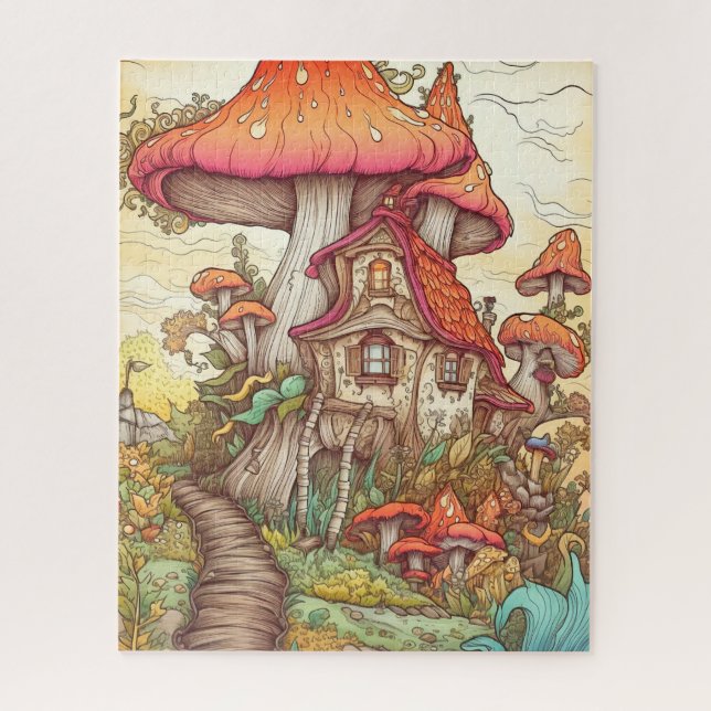 Wild Mushroom Village Illustration Art Puzzle (Vertikal)