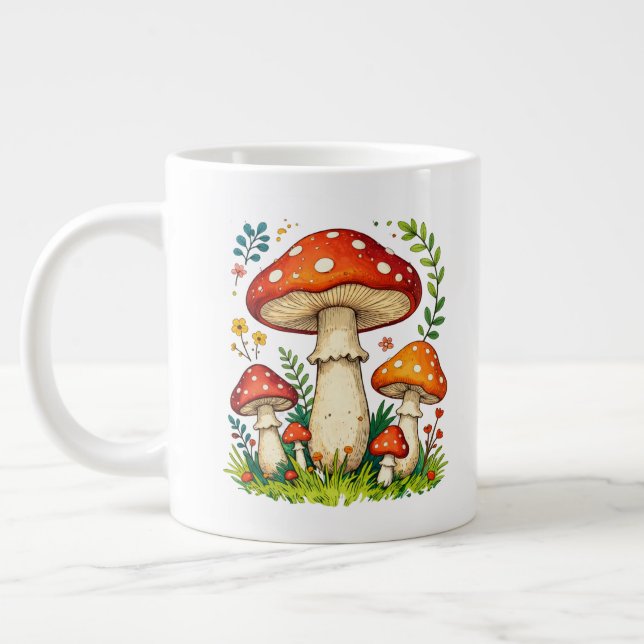 Wild mushrooms and flowers in grass forest nature Jumbo-Tasse (Links)