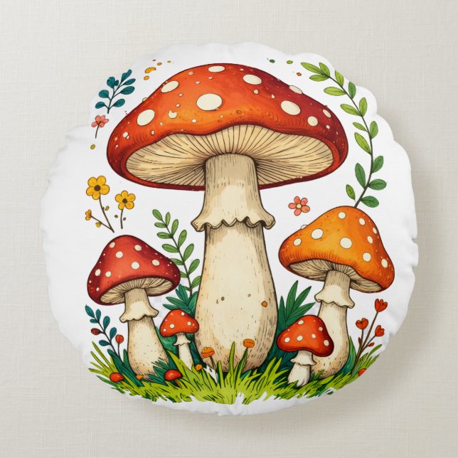 Wild mushrooms and flowers in grass forest nature rundes kissen (Vorderseite)