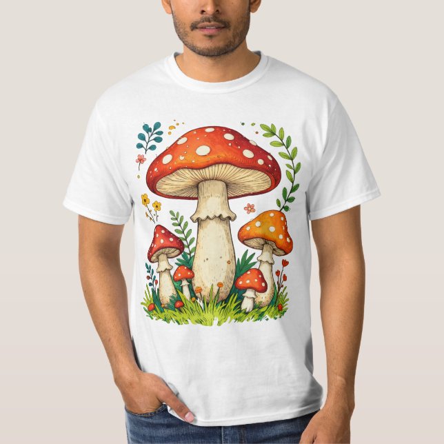 Wild mushrooms and flowers in grass forest nature T-Shirt (Vorderseite)