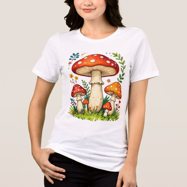 Wild mushrooms and flowers in grass forest nature Tri-Blend shirt (Vorderseite)