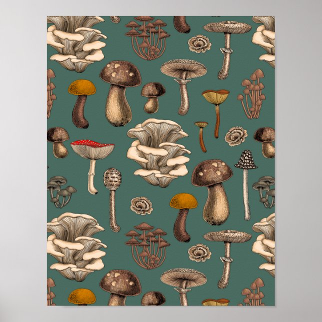 Wild Mushrooms on pine green Poster (Vorne)