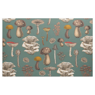 Wild Mushrooms on pine green Stoff
