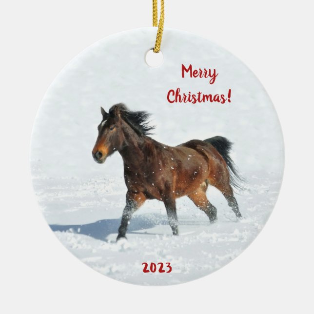 Wild Mustang Horse Running im Schnee Keramik Ornament (Vorne)