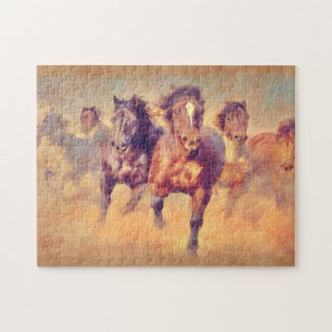 Wild Mustang Horses Stampede Watercolor Art Puzzle