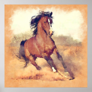 Wild Mustang Horses Stampede Watercolor Poster