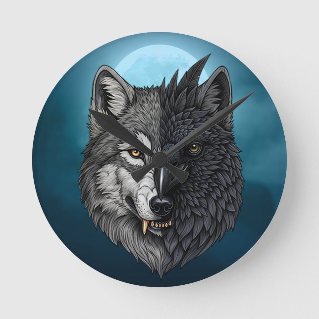 Wild Nature Moon Crow-Wolf Raven Runde Wanduhr (Vorderseite)