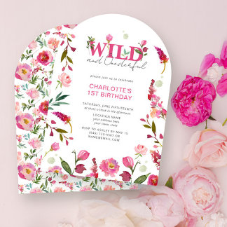Wild & onderful Pink Floral Girl 1. Geburtstag Einladung