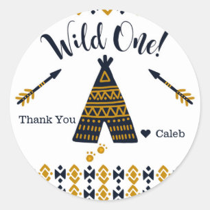 Wild One 1. Geburtstag Blau Gold Tipi Partygeschen Runder Aufkleber