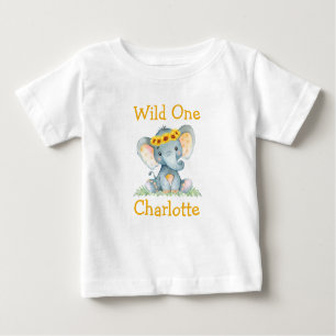 Wild One 1. Geburtstag Elefant Sonnenblumen Baby T-shirt
