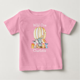 Wild One 1. Geburtstag Safari Tiere Ballon Pink Baby T-shirt