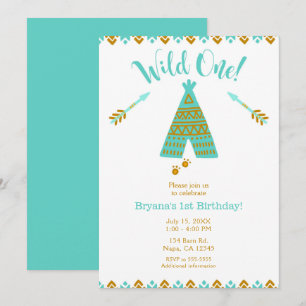 Wild One 1. Geburtstagstorte Turquoise & Gold Tipi Einladung