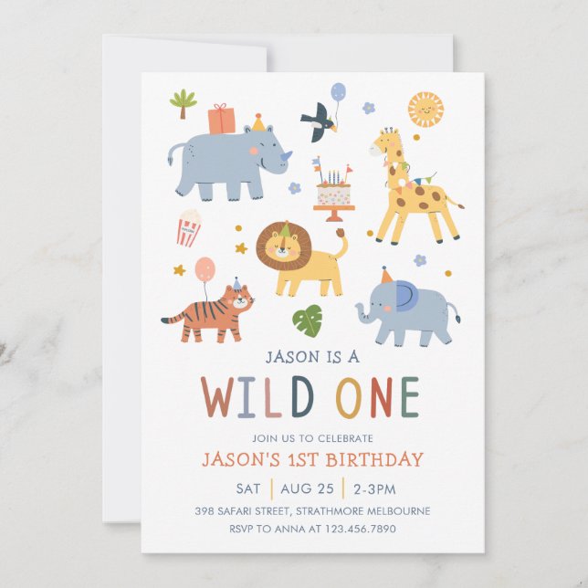 Wild One 1st Birthday Safari Animals Cute Kids Einladung (Vorderseite)