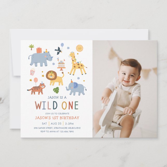 Wild One 1st Birthday Safari Animals Cute Photo Einladung (Vorderseite)