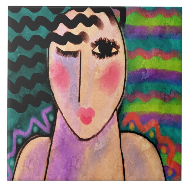 Wild One Abstraktes digitales Portrait einer Frau Fliese (Vorderseite)