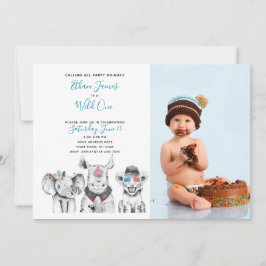 Wild One Animal Safari Baby Boy 1. Geburtstag Foto Einladung