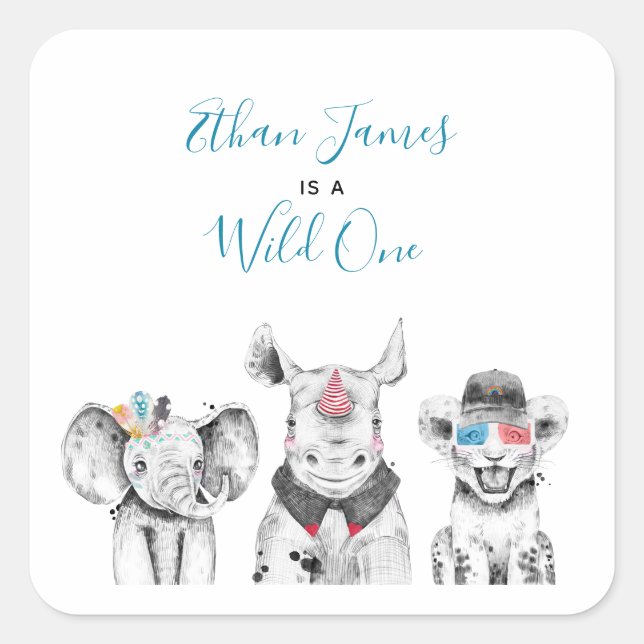 Wild One Animal Safari Schwarz-weiß Blue Geburtsta Quadratischer Aufkleber (Vorderseite)