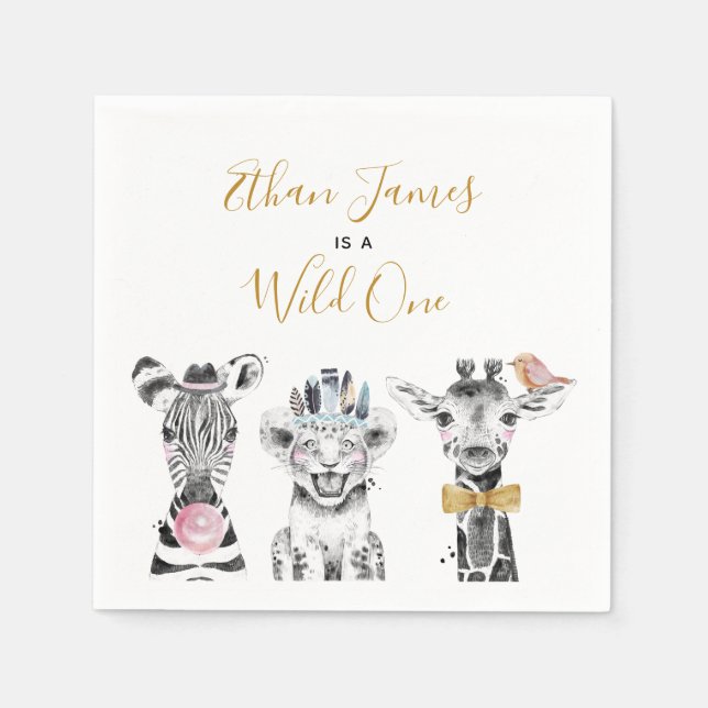 Wild One Animal Safari Schwarz-weiß Gold Geburtsta Serviette (Vorderseite)
