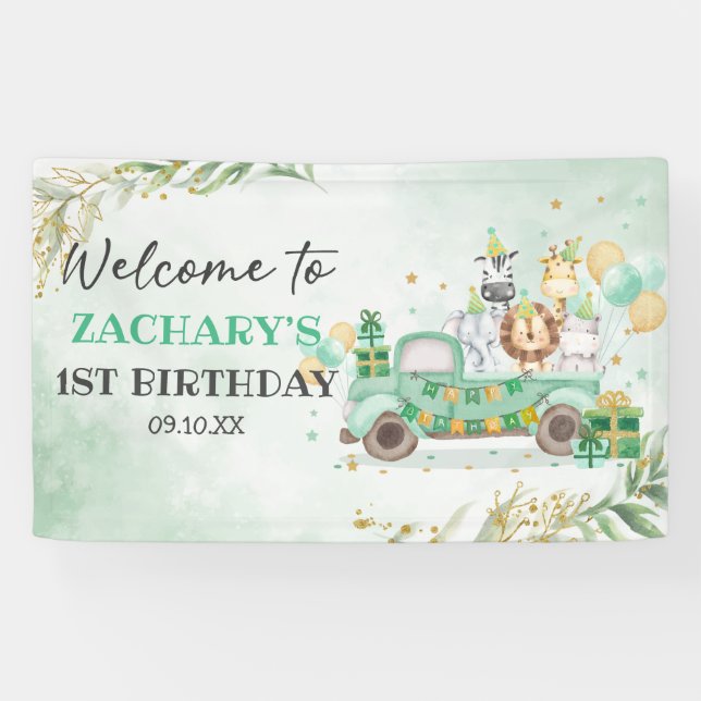 Wild One Animals Greenery Gold Safari 1. Geburtsta Banner (Horizontal)