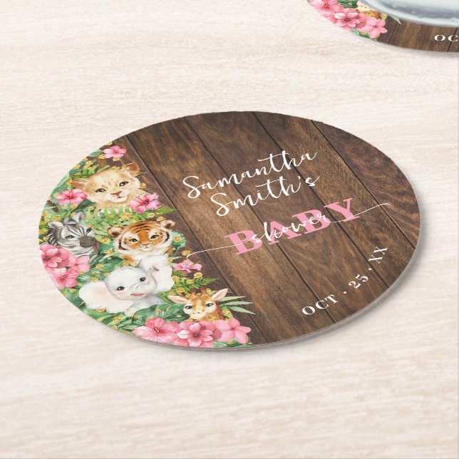 Wild One Animals Rustic Pink Safari Baby Shower Runder Pappuntersetzer (Angewinkelt)