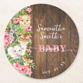Wild One Animals Rustic Pink Safari Baby Shower Runder Pappuntersetzer