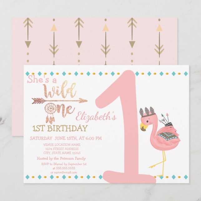 Wild One, Arrows, Dream Catcher Flamingo Birthday Einladung (Vorne/Hinten)