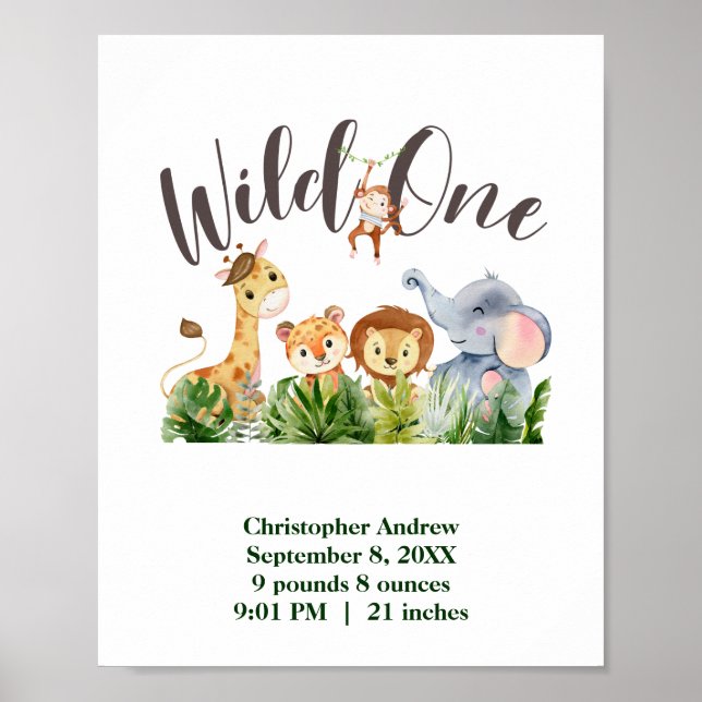 Wild One Baby Animals Jungle Safari Geburtsstaten Poster (Vorne)