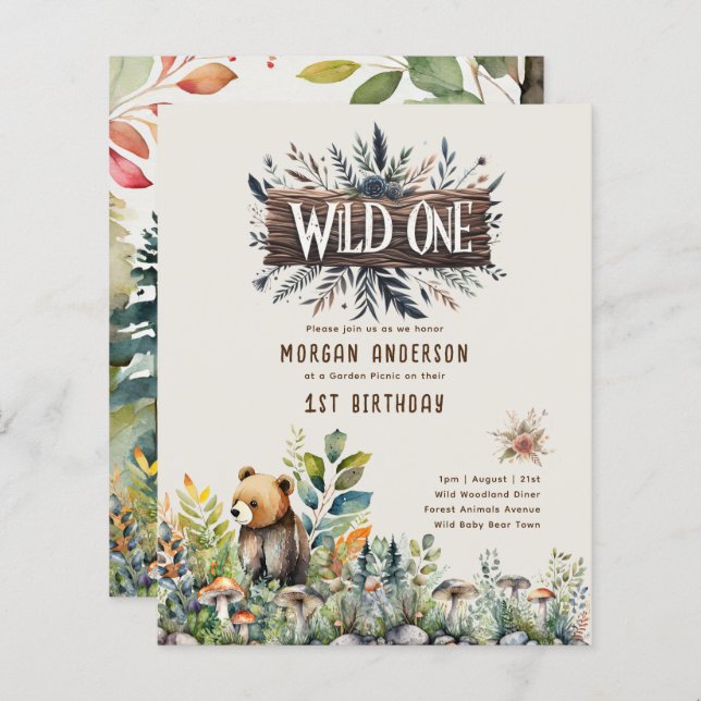 Wild-One-Baby-Bear-Woodland-Tiere rustikal (Vorne/Hinten)