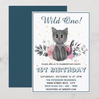 Wild One - Baby Cat und Blume 1. Geburtstag Einladung