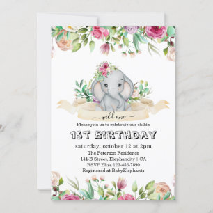 Wild One - Baby Elephant und Blume 1. Geburtstag Einladung