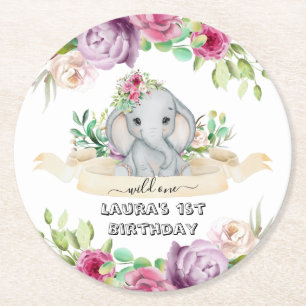 Wild One - Baby Elephant und Blume 1. Geburtstag Runder Pappuntersetzer