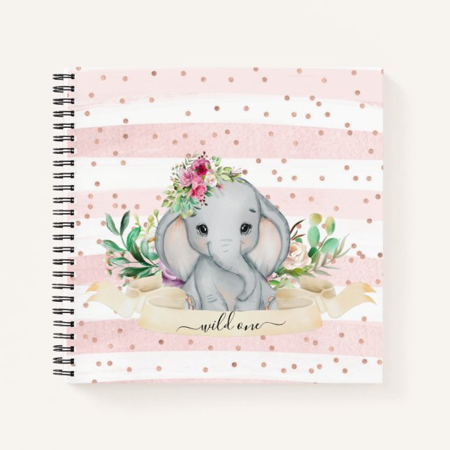 Wild One - Baby Elephant und Blume Notizbuch (Vorderseite)