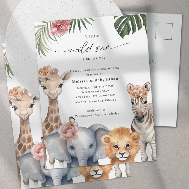Wild One Baby Girl Dusche, Niedlich Safari Thema Einladungspostkarte (Wild One Safari Baby Animals, Baby Girl Shower. A wild One is on Her way, A Cute Baby Shower invite.)