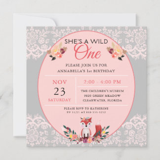 Wild ONE Baby Girl Fox Blume & Lace  Einladung