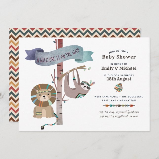 Wild One Baby Shower Tribal Sloth TeePee Einladung (Vorne/Hinten)
