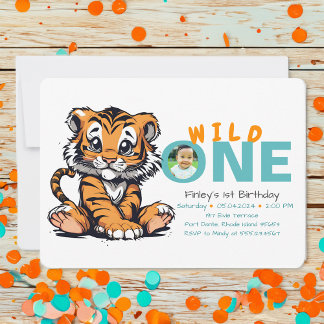 Wild ONE Baby's 1. Geburtstag Niedlich Tiger Pictu Einladung