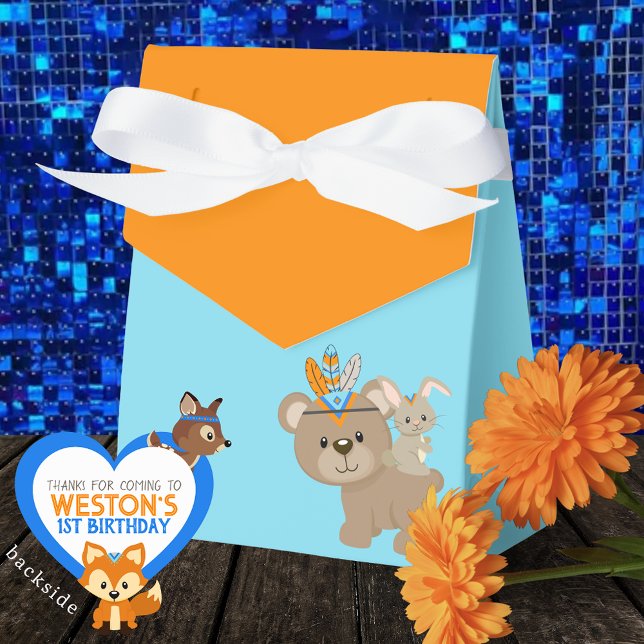 Wild-One-Bären Orange & Blue-Leckerei Gefälligkeit Geschenkschachtel (Personalized Wild One Bear and Bunny Baby Blue & Orange Treat Favor Boxes)