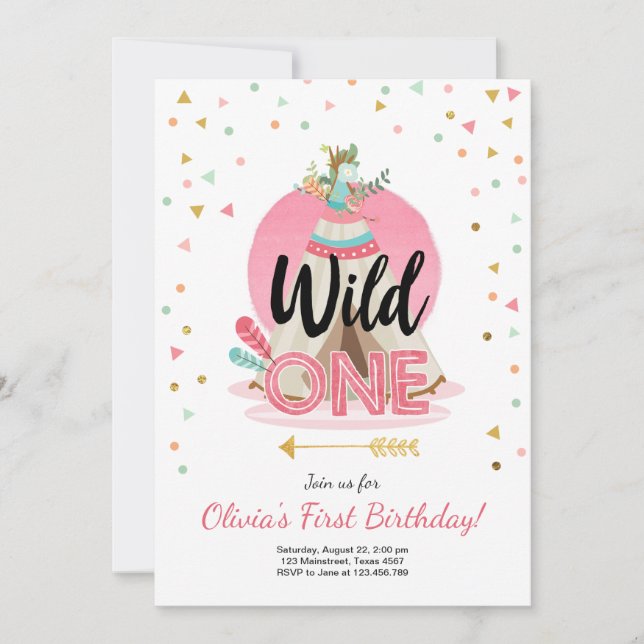 Wild One Birthday Einladung Teepee Boho Girl Wood (Vorderseite)