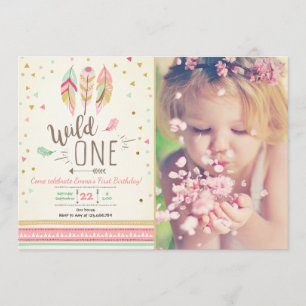 Wild one Birthday Girl Pink Gold 1st Boho Feathers Einladung