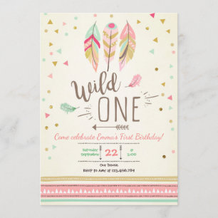 Wild one Birthday Girl Pink Gold 1st Boho Feathers Einladung