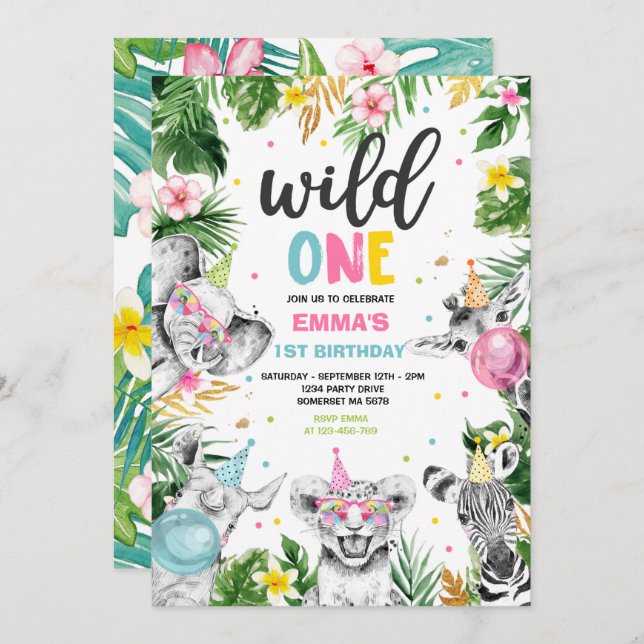 Wild One Birthday Gold Safari Jungle Animals Party Einladung (Vorne/Hinten)